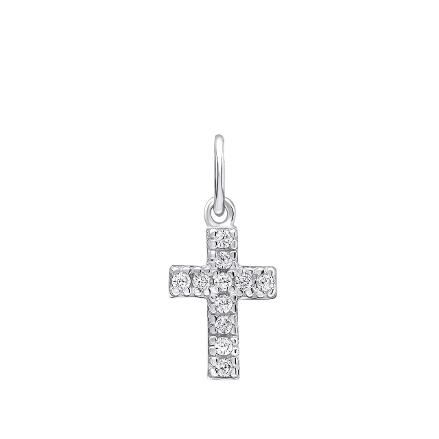 A silver cross pendant set with white cubic zirconias on a small jump ring.