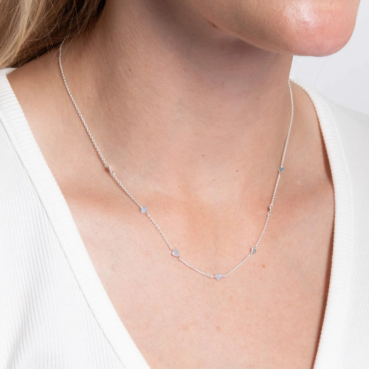 Small Heart Station Necklace in Silver