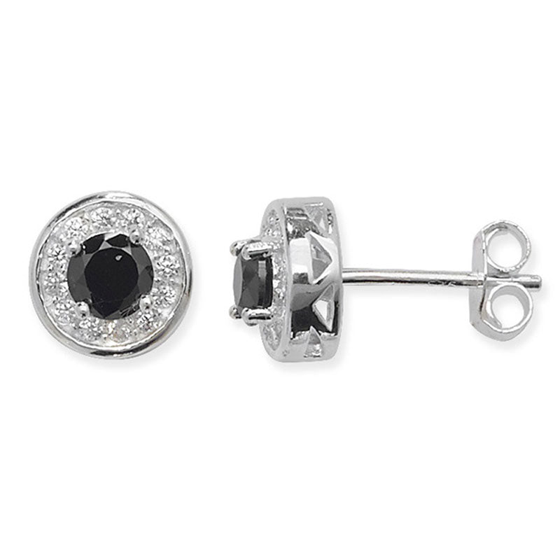 Sterling Silver Round Black CZ and White CZ Bezel Stud Earrings