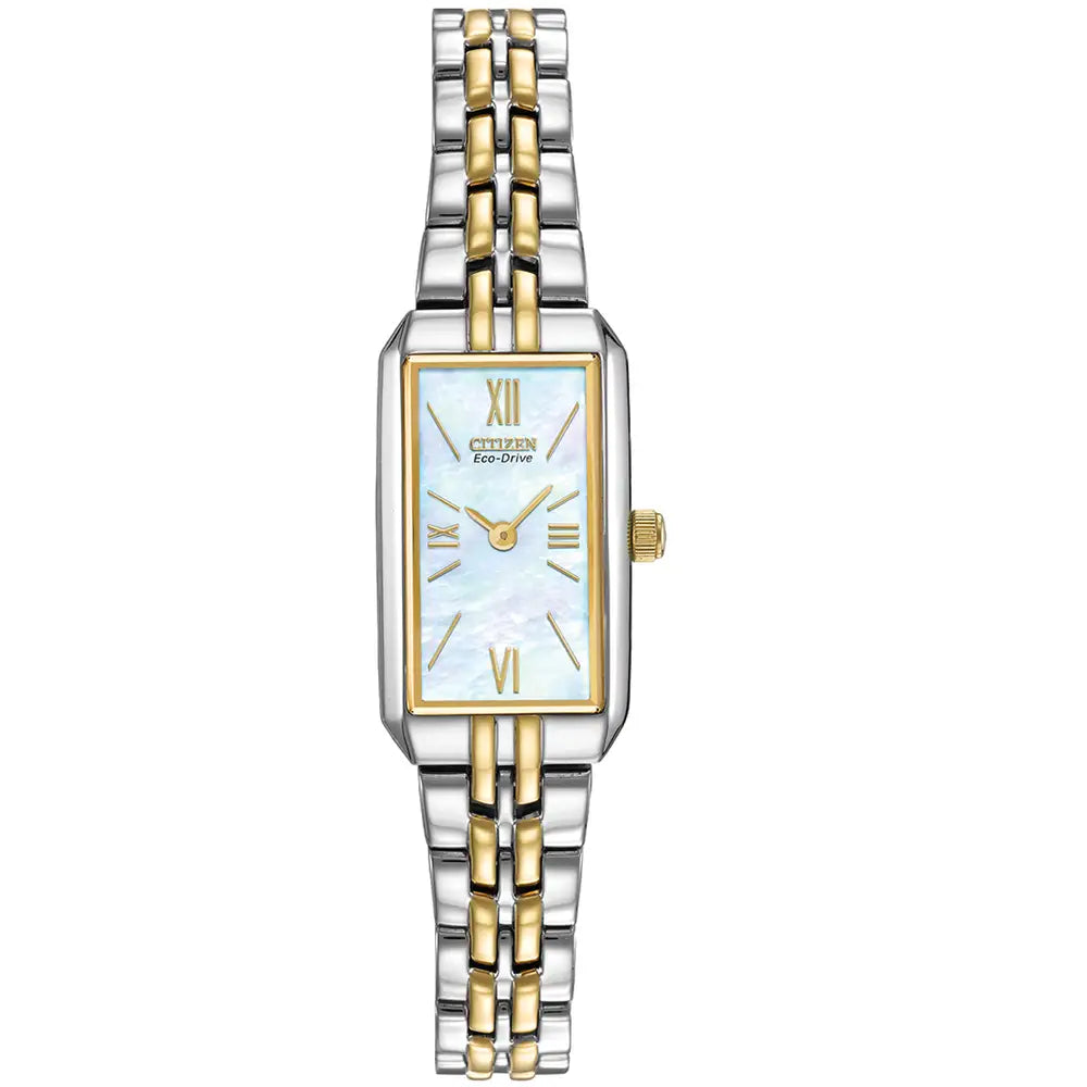 Citizen Watch Ladies Two Tone Long Case Silhouette Eco-Drive Watch Mother of Pearl Dial EG2694-59D