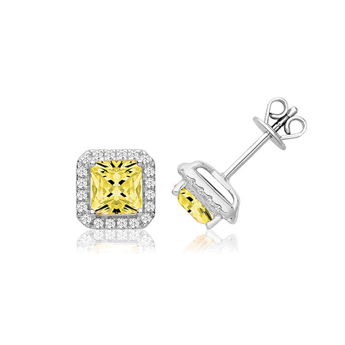 Sterling Silver Square Cut Yellow & White CZ Stud Earrings