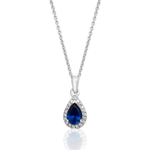 Sterling Silver Blue CZ Pear Pendant & Chain