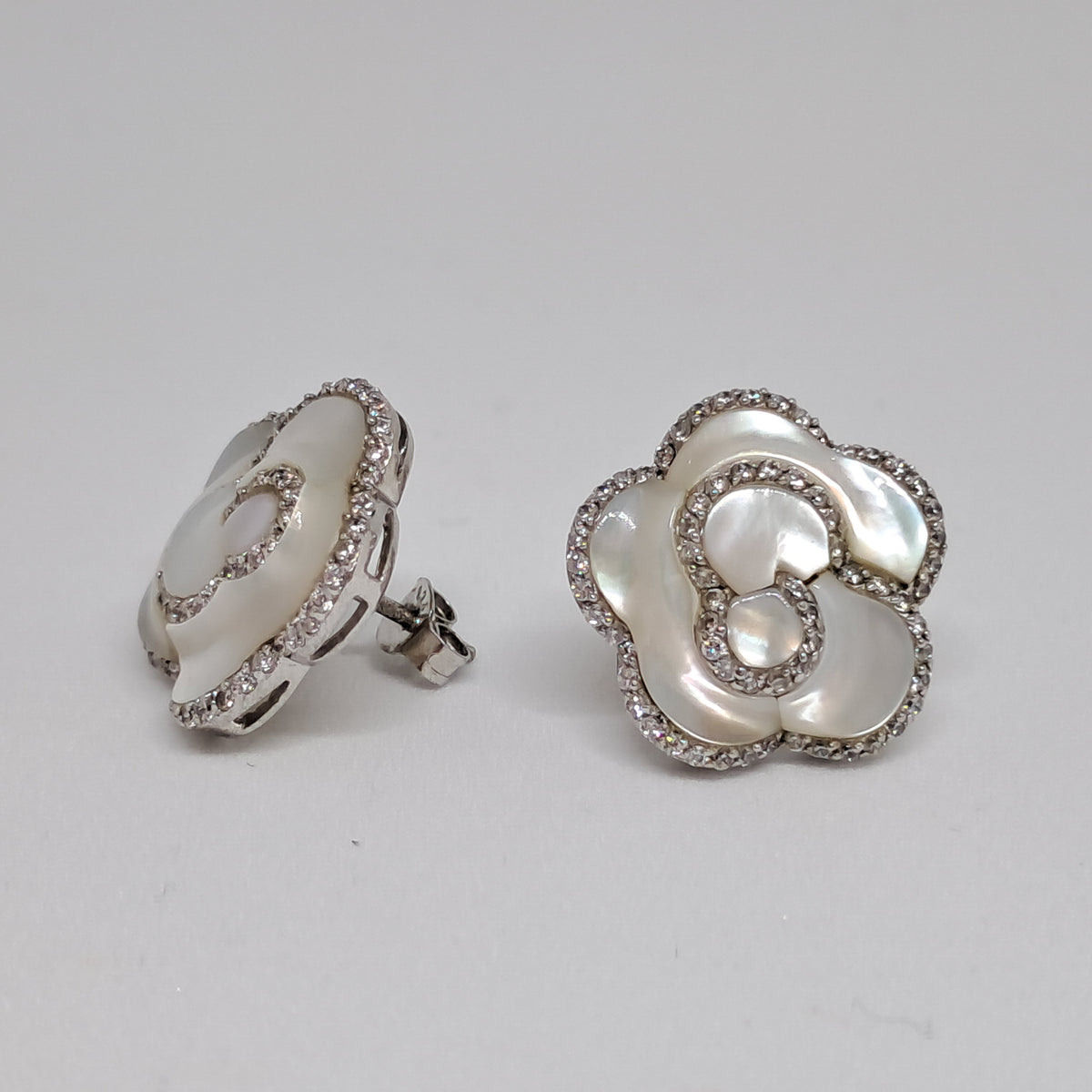 Collinsons Sterling Silver White Mother of Pearl Jasmine Flower & CZ Earrings