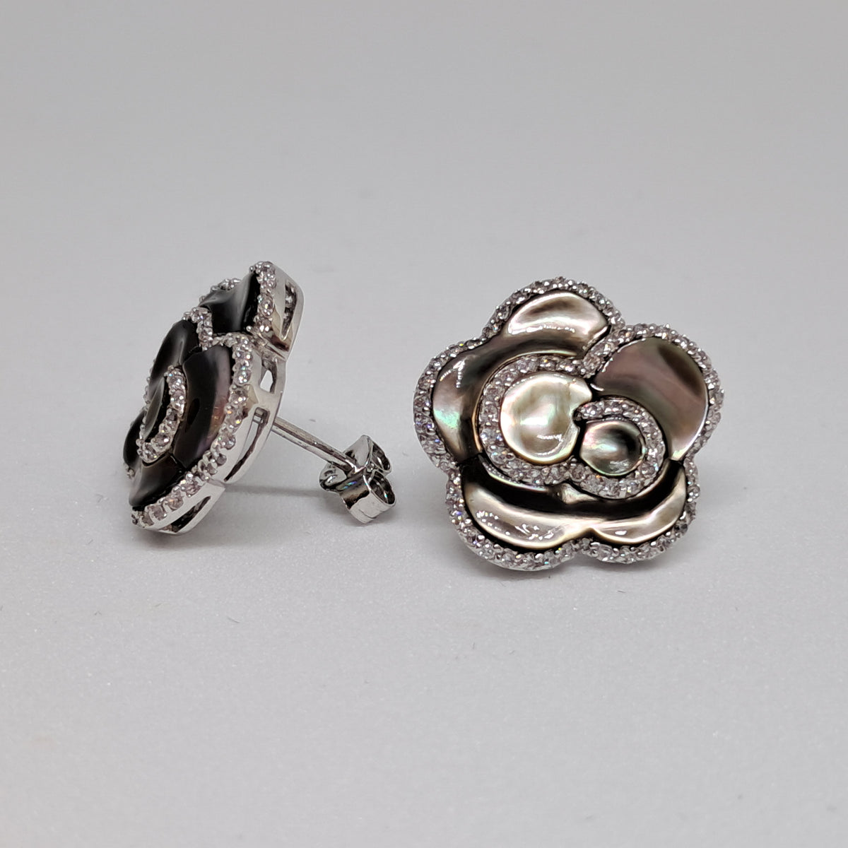 Collinsons Sterling Silver Black Mother of Pearl Jasmine Flower & CZ Earrings