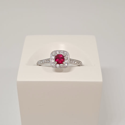Collinsons 18ct White Gold Cushion Ruby & Diamond Halo Ring