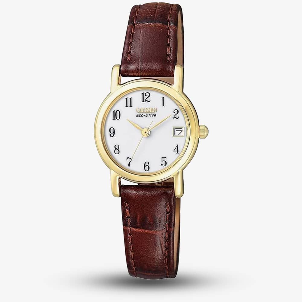 Citizen Ladies Yellow Round EcoDrive Watch Brown Leather Strap EW1272-01A