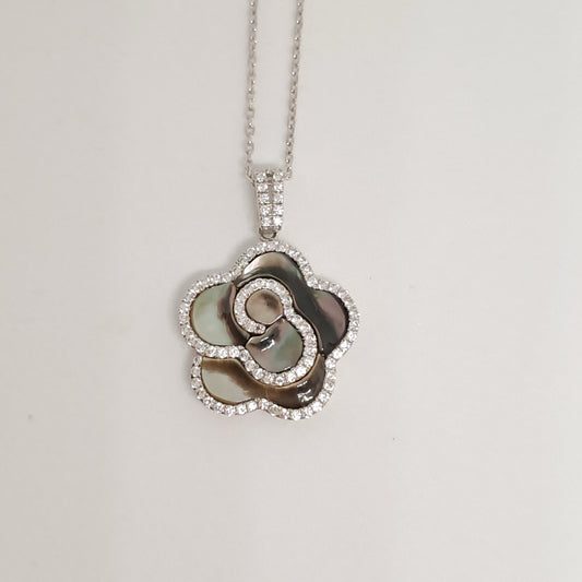 Collinsons Sterling Silver Black Mother of Pearl Jasmine Flower & CZ Necklace