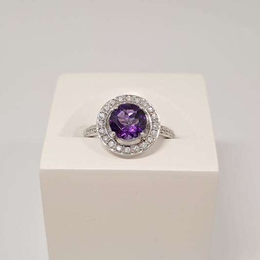 Collinsons 18ct White Gold Amethyst & Diamond Halo Ring 1.20ct Centre Stone