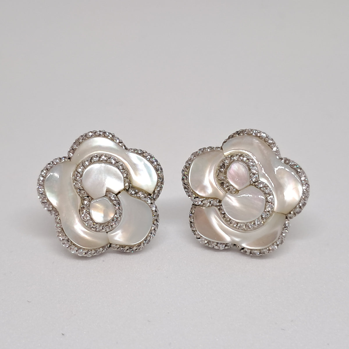 Collinsons Sterling Silver White Mother of Pearl Jasmine Flower & CZ Earrings