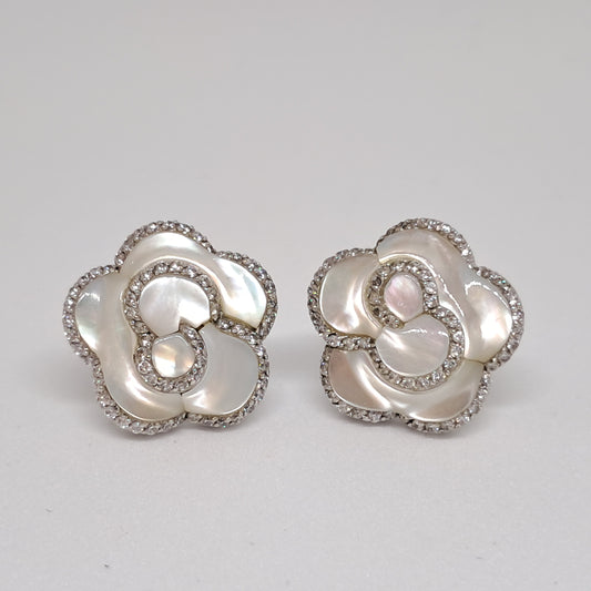 Collinsons Sterling Silver White Mother of Pearl Jasmine Flower & CZ Earrings