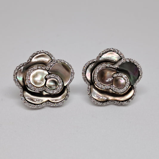 Collinsons Sterling Silver Black Mother of Pearl Jasmine Flower & CZ Earrings