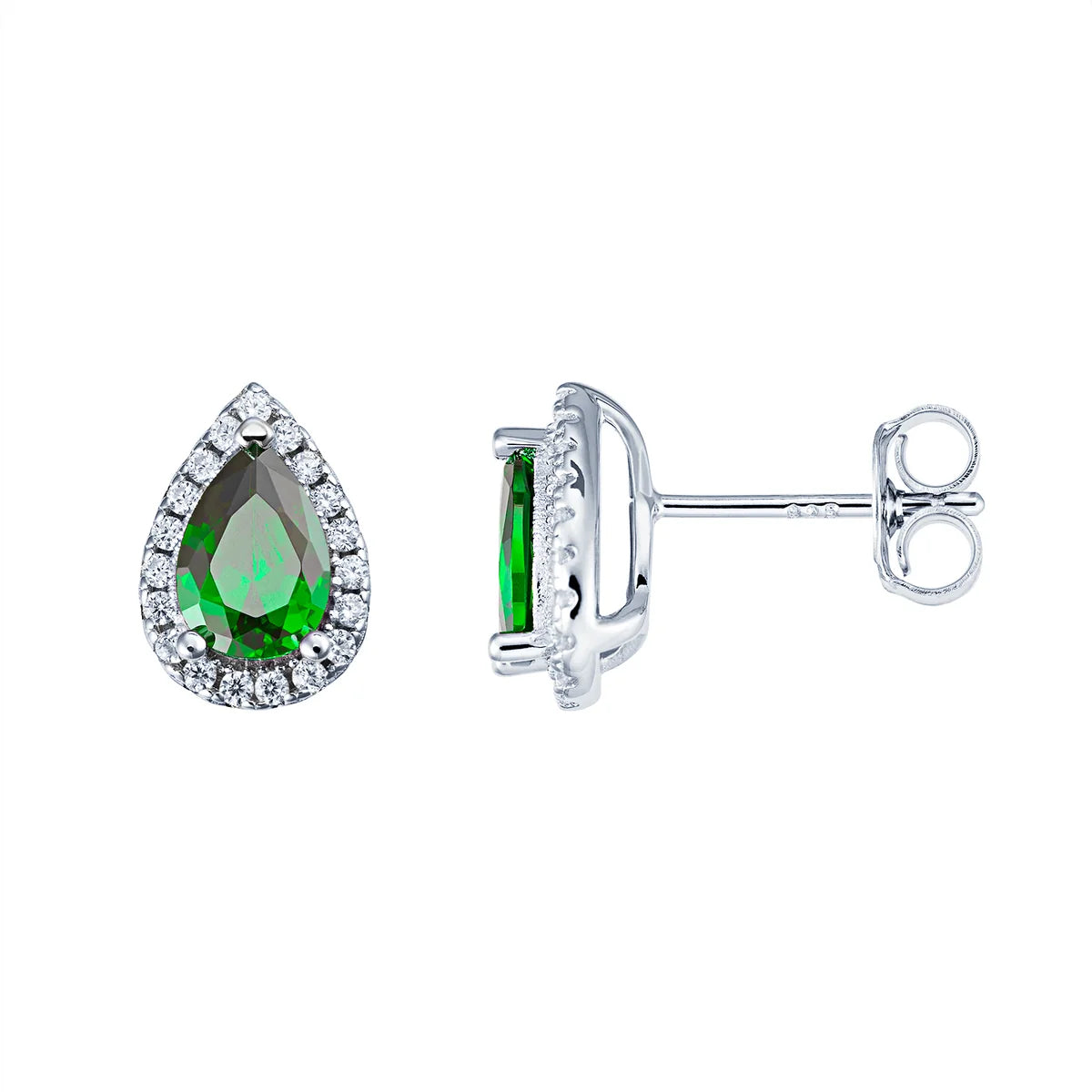 Sterling Silver Pear Green CZ and White CZ Bezel Stud Earrings (Copy)