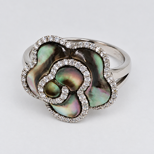 Collinsons Sterling Silver Black Mother of Pearl Jasmine Flower & CZ Ring