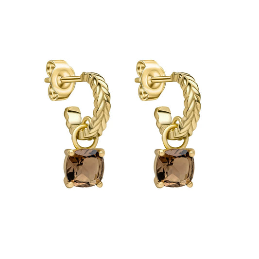 Laura Ashley Zelia Stripe Vintage Knitwear Woven Texture Smokey Quartz Hoop Earrings Gold Plated