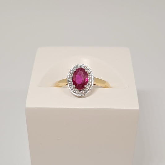 Collinsons 18ct Yellow Gold Oval Ruby and Diamond Halo Ring