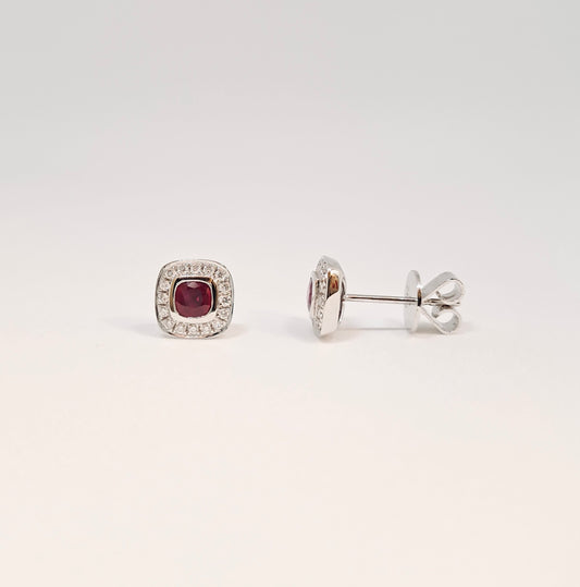 Collinsons 18ct White Gold Cushion Ruby & Diamond Halo Stud Earrings 0.64ct