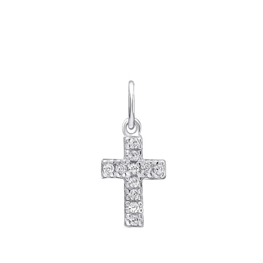 A silver cross pendant set with white cubic zirconias on a small jump ring.