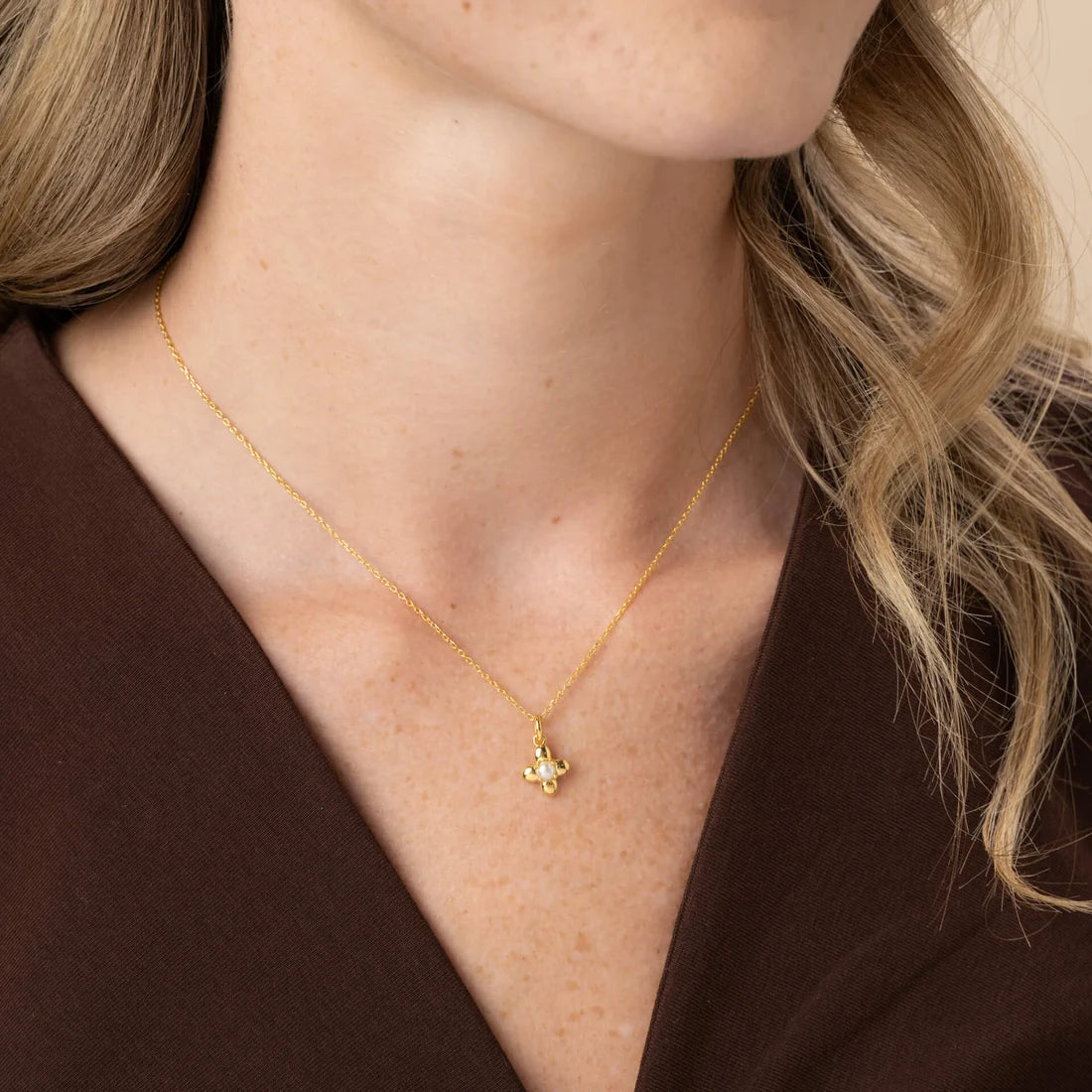 Laura Ashley Pembroke Trellis Vintage Floral Necklace with Pearl Gold Plated