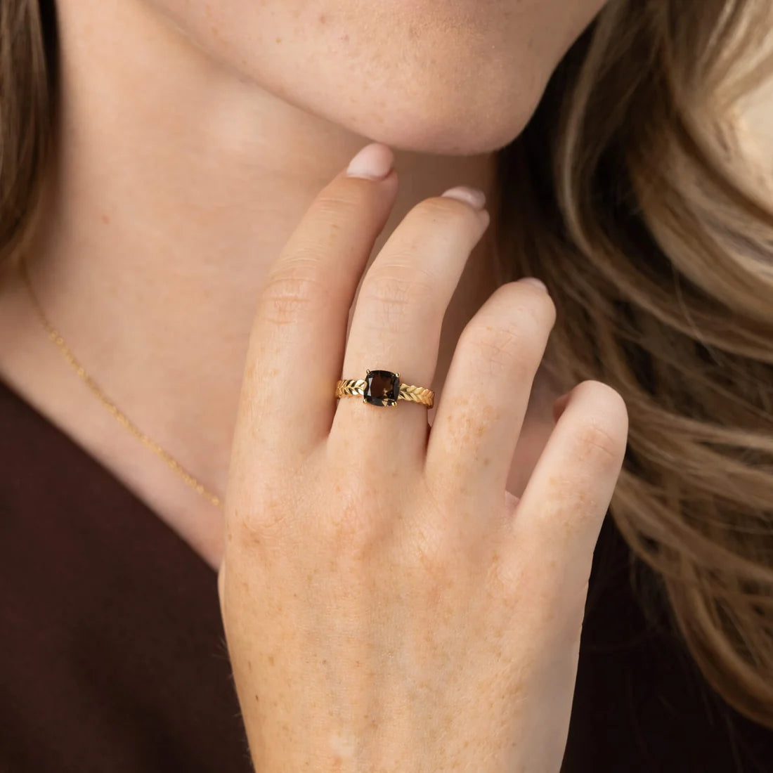 Laura Ashley Zelia Stripe Vintage Knitwear Woven Texture Smokey Quartz Ring Necklace Gold Plated Size 54