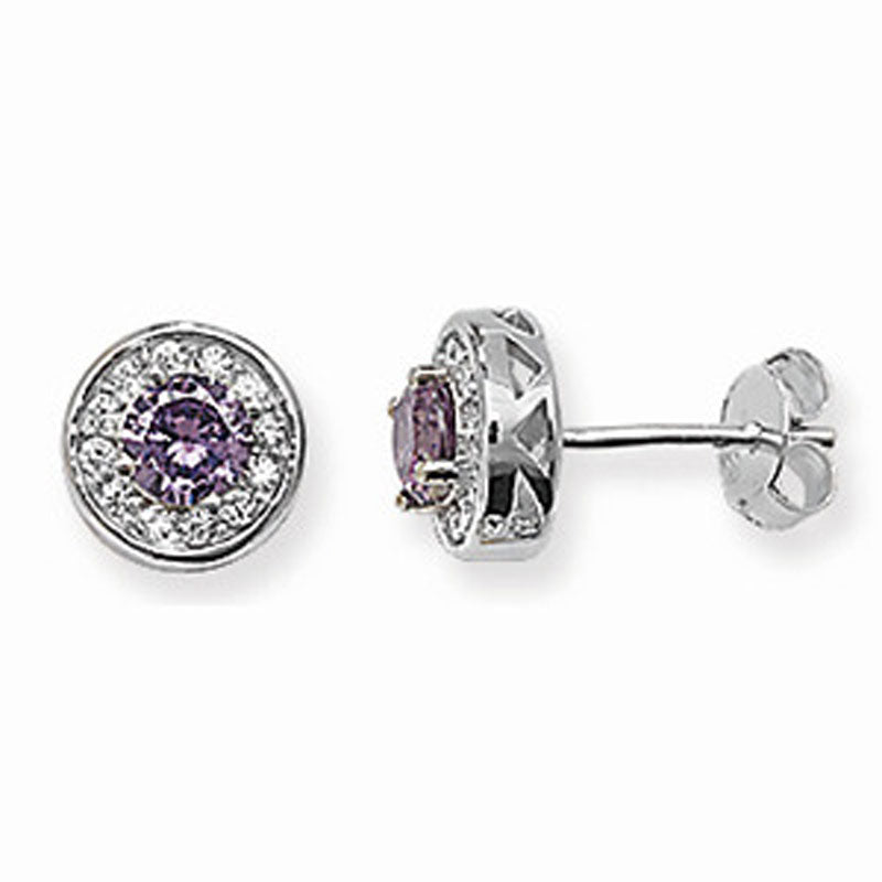 Sterling Silver Round Purple CZ and White CZ Bezel Stud Earrings