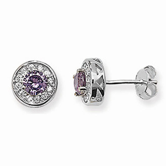 Sterling Silver Round Purple CZ and White CZ Bezel Stud Earrings