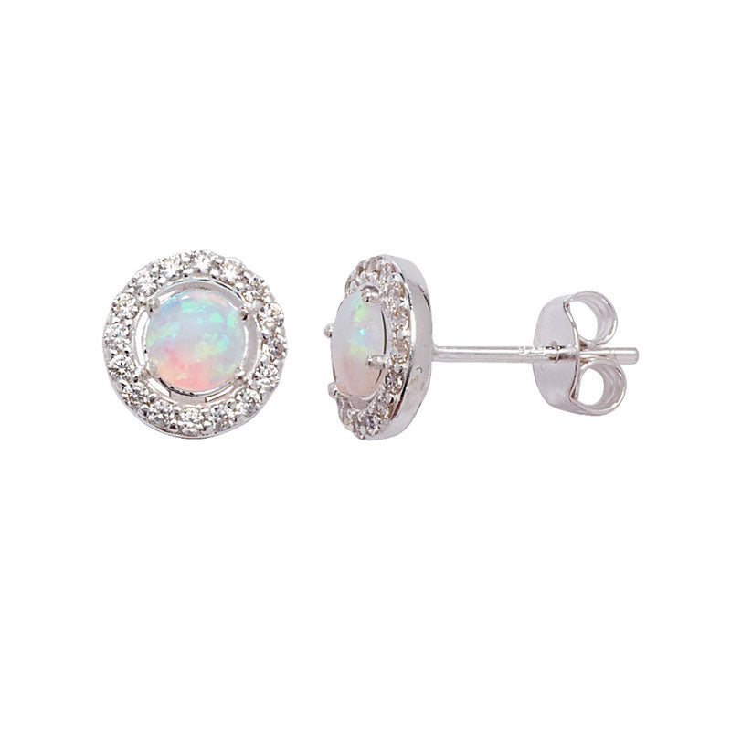 Sterling Silver Round Opalesque CZ and White CZ Bezel Stud Earrings