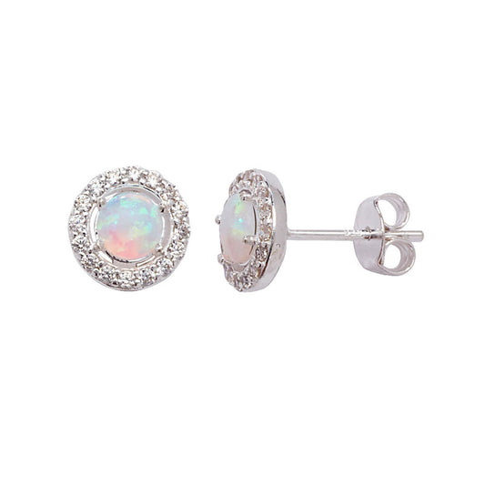 Sterling Silver Round Opalesque CZ and White CZ Bezel Stud Earrings