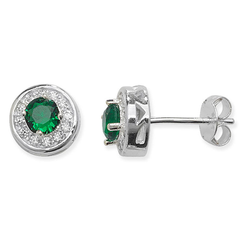 Sterling Silver Round Green CZ and White CZ Bezel Stud Earrings
