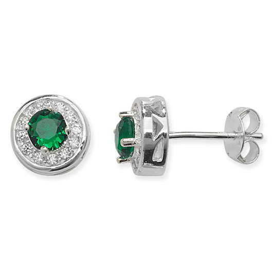 Sterling Silver Round Green CZ and White CZ Bezel Stud Earrings