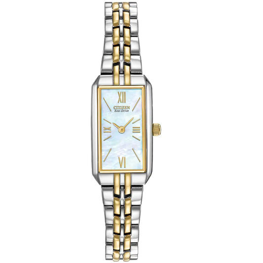 Citizen Watch Ladies Two Tone Long Case Silhouette Eco-Drive Watch Mother of Pearl Dial EG2694-59D