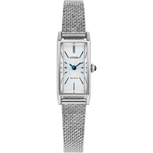 Ladies Citizen Fio Eco-Drive White Rectangular Dial Mesh Bracelet Watch EG7120-51A