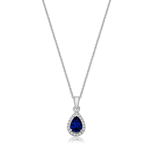 Sterling Silver Pear Cut Dark Blue CZ with White CZ Bezel Pendant & Sterling Silver Chain