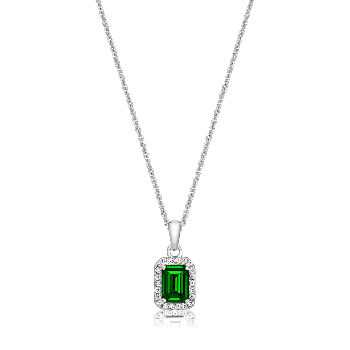 Sterling Silver Bezel Set Emerald Cut Halo Style Dark Green CZ Necklace and White CZ Pendant on Chain