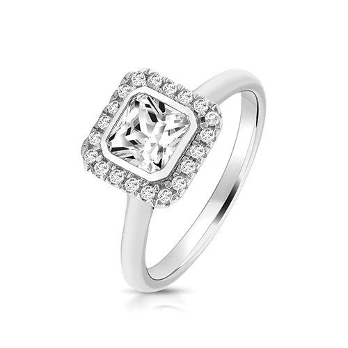 Sterling Silver Square Cut White CZ Ring with Bezel & Shoulder Set Stones