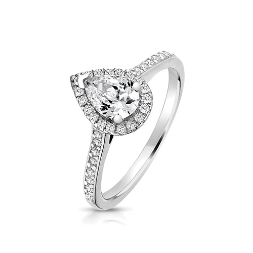 Sterling Silver Pear Cut White CZ Ring with Bezel & Shoulder Set Stones `Size P