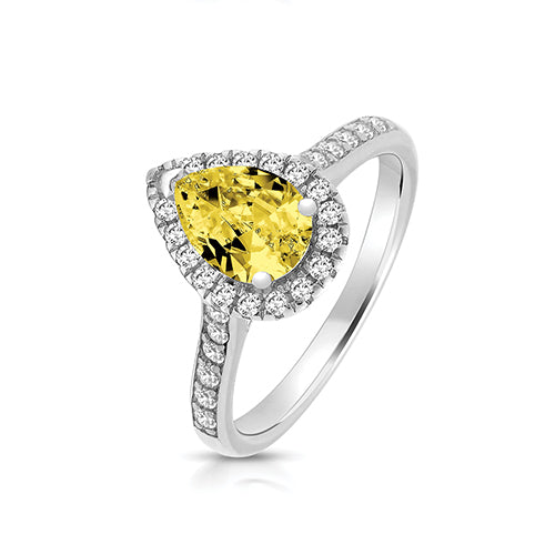 Sterling Silver Pear Cut Yellow CZ Ring with Bezel & Shoulder Set Stones `size n